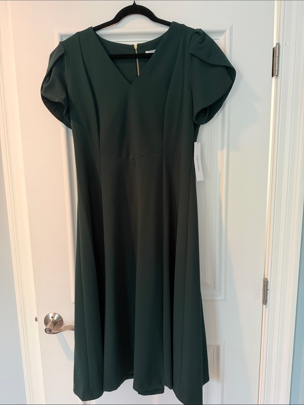 Calvin Klein, NWT, Maxi V-Neck A-Line Dress w/ Puff SS, Dark Green, Size 14